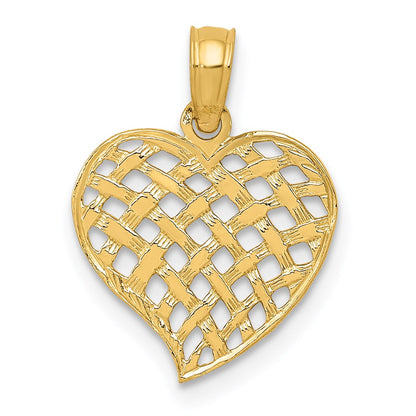 14K Yellow Gold Polished Basket Weave Pattern Heart Pendant