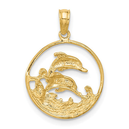 14K Yellow Gold Double Dolphin Circle Pendant
