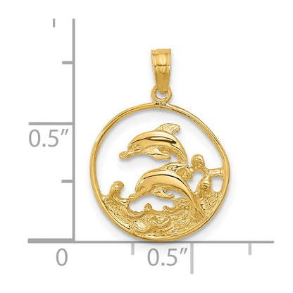 14K Yellow Gold Double Dolphin Circle Pendant