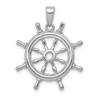 14k White Gold 3D Ships Wheel Pendant