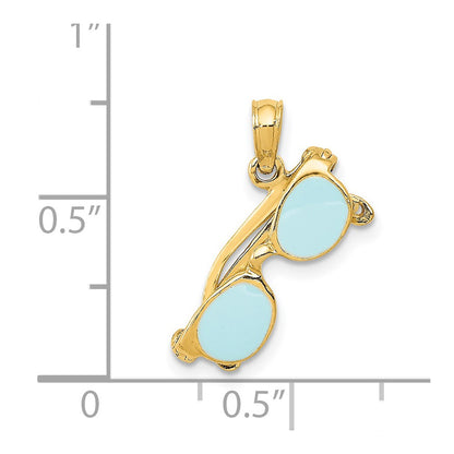 14K Yellow Gold 3D Aqua Enameled Sunglasses Pendant