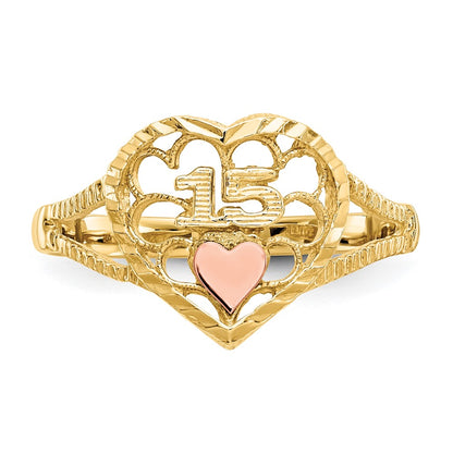 14K Two Tone Diamond Cut 15 Heart Ring
