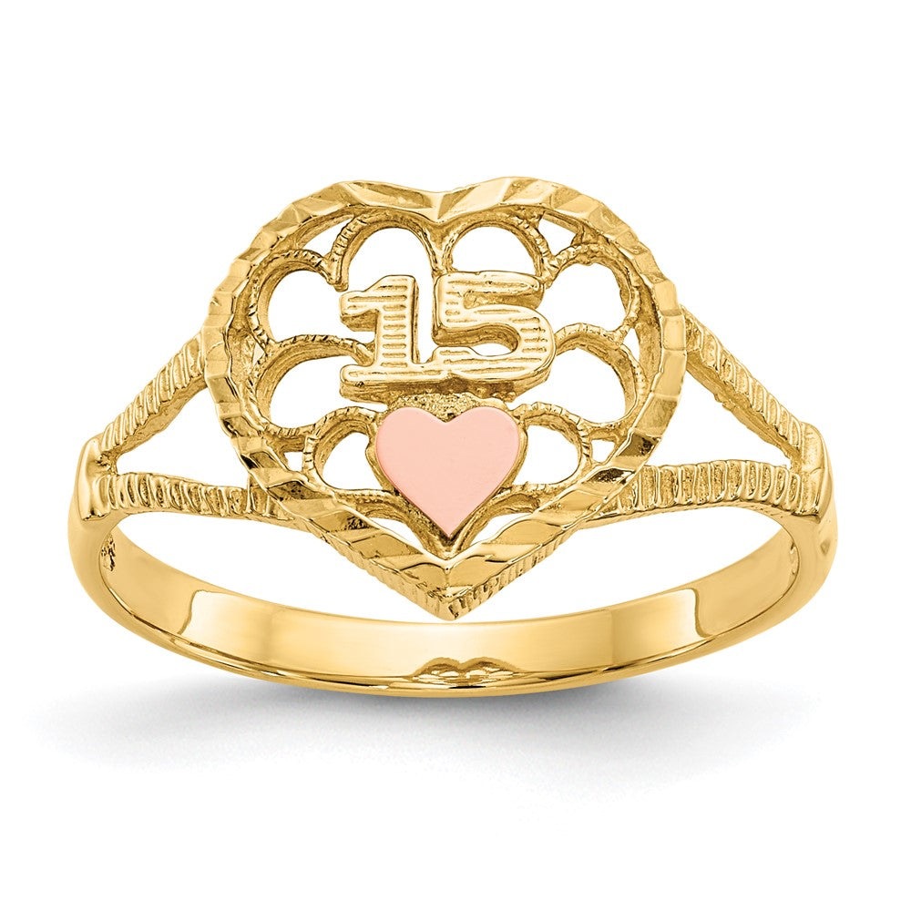 14K Two Tone Diamond Cut 15 Heart Ring
