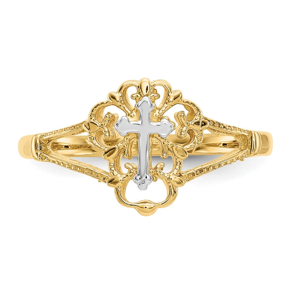 14K Two Tone Diamond Cut Cross Ring
