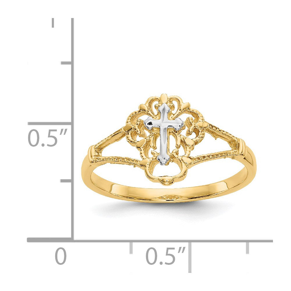 14K Two Tone Diamond Cut Cross Ring