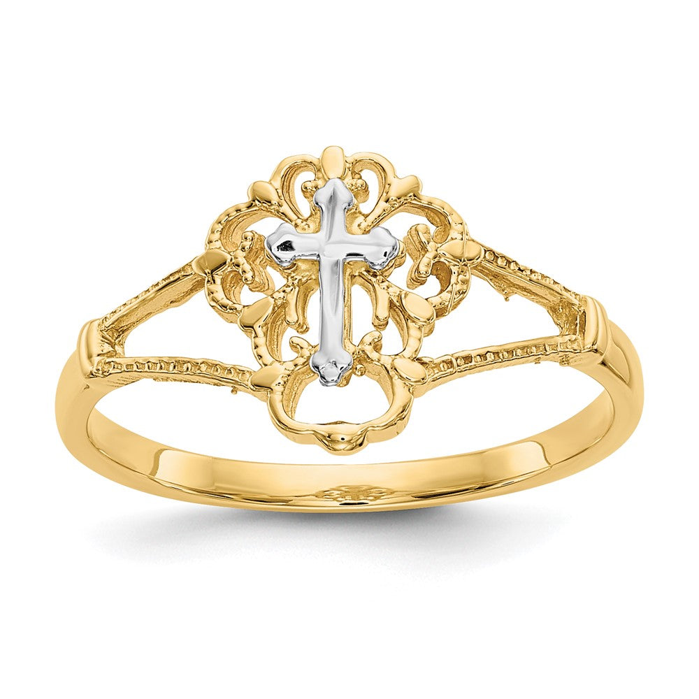 14K Two Tone Diamond Cut Cross Ring