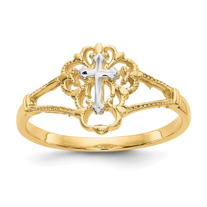 14K Two Tone Diamond Cut Cross Ring