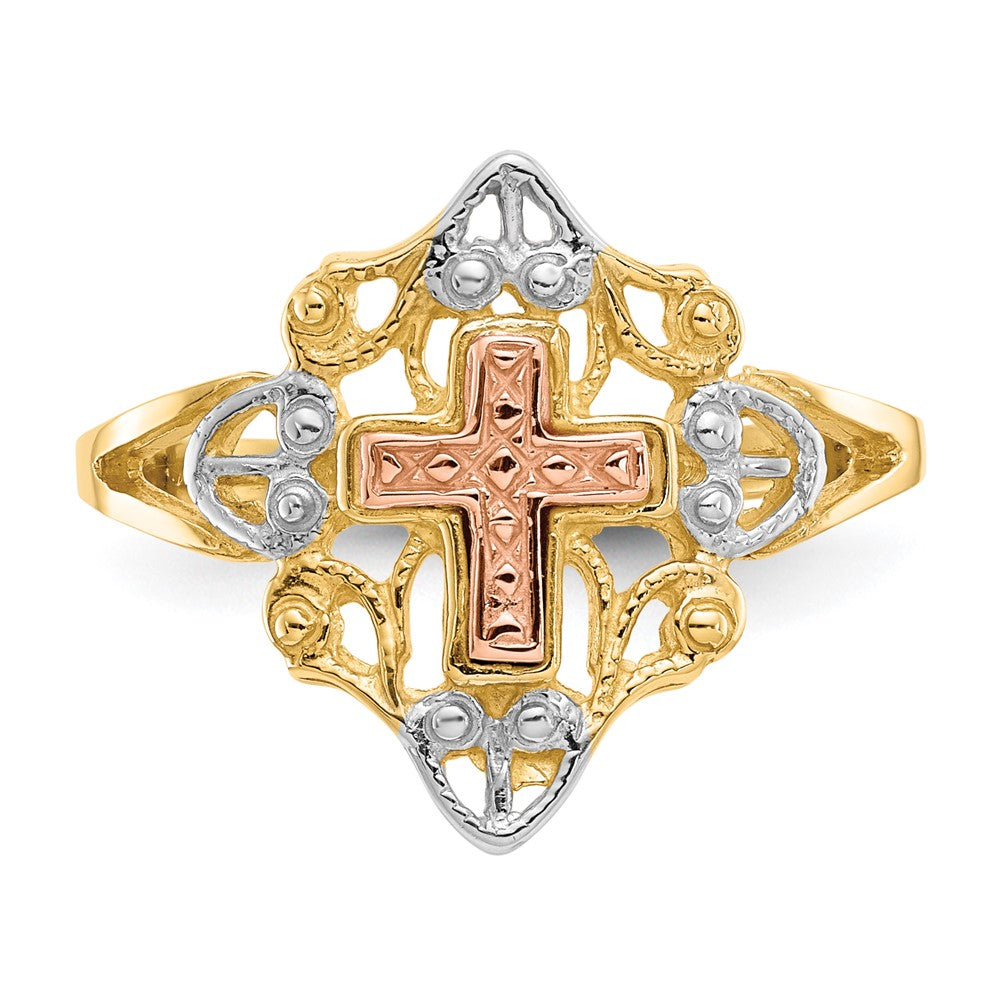 14K Two Tone White Rhodium Cross Ring