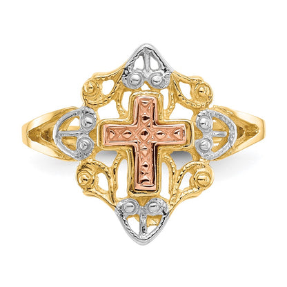 14K Two Tone White Rhodium Cross Ring