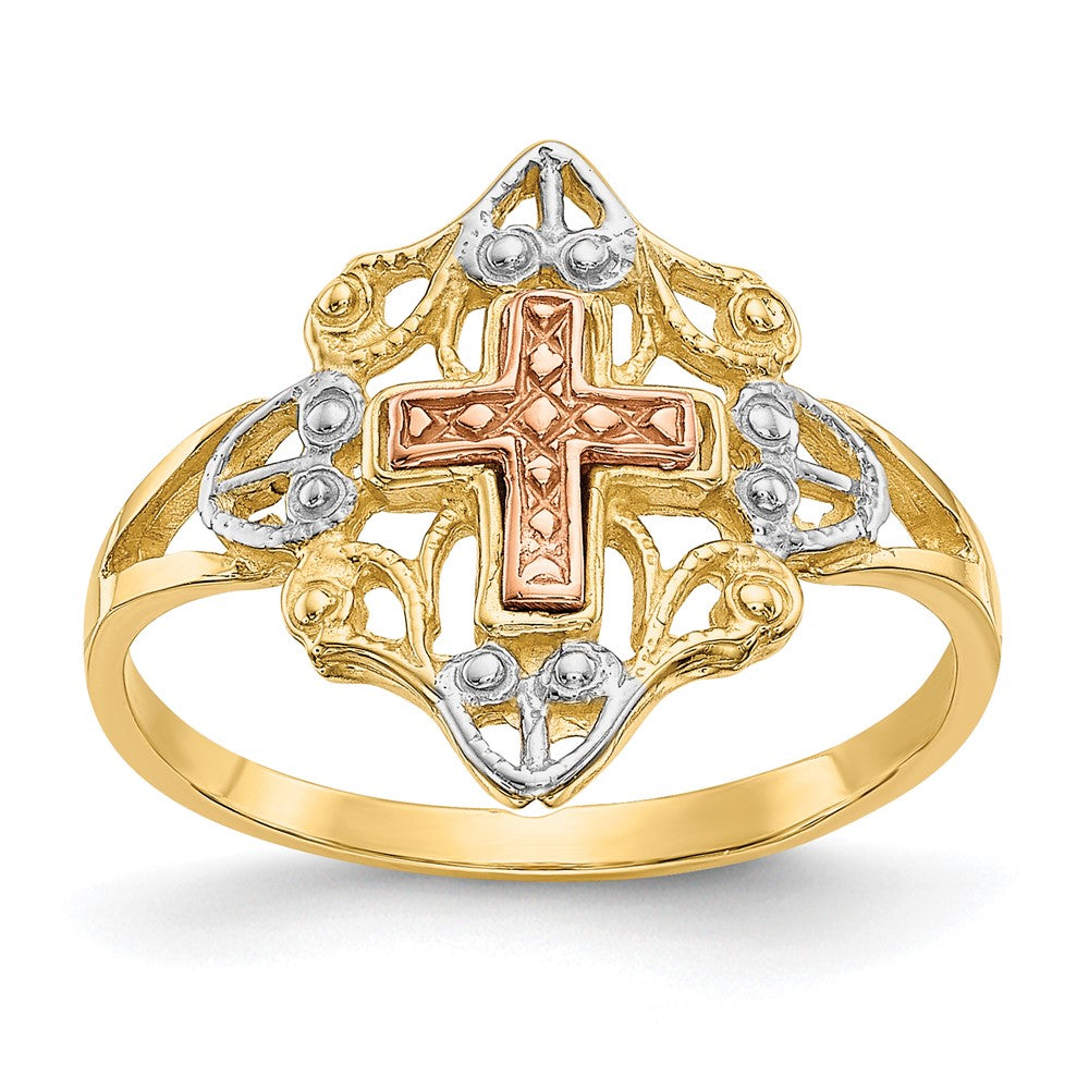 14K Two Tone White Rhodium Cross Ring