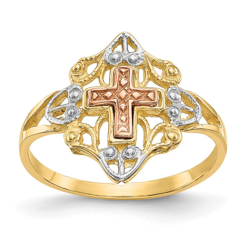 14K Two Tone White Rhodium Cross Ring