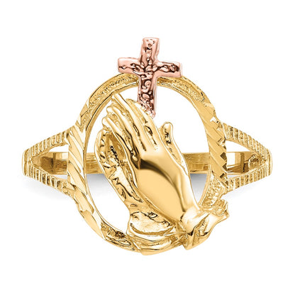 14K Two Tone Diamond Cut Praying Hands Cross Ring