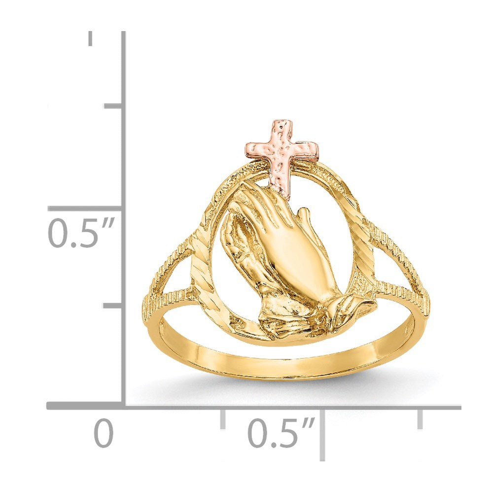 14K Two Tone Diamond Cut Praying Hands Cross Ring