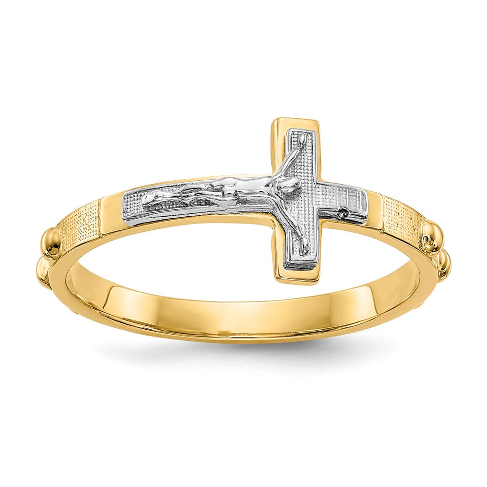 14K Two Tone Crucifix Rosary Ring