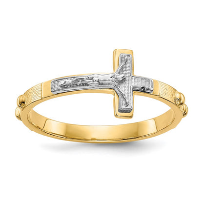 14K Two Tone Crucifix Rosary Ring