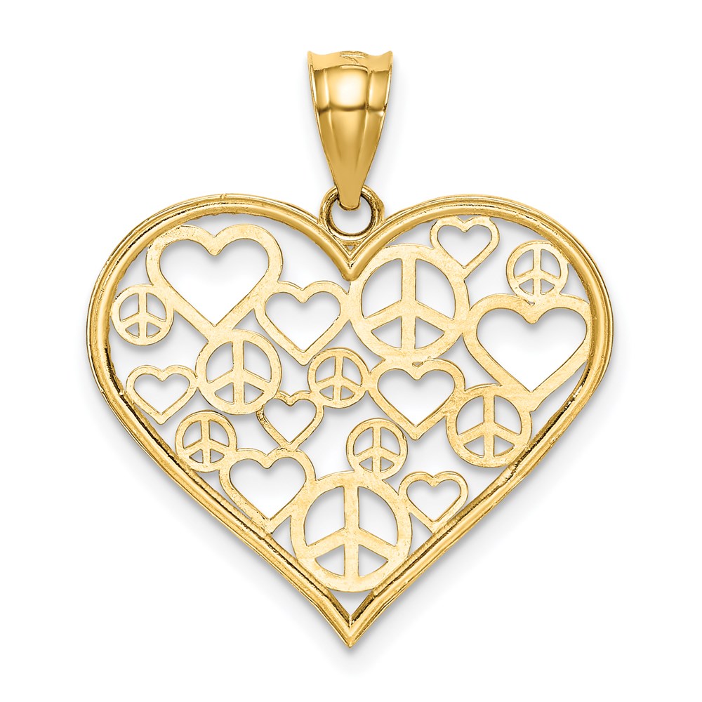 14K Yellow Gold Polished Hearts And Peace Signs In Heart Pendant
