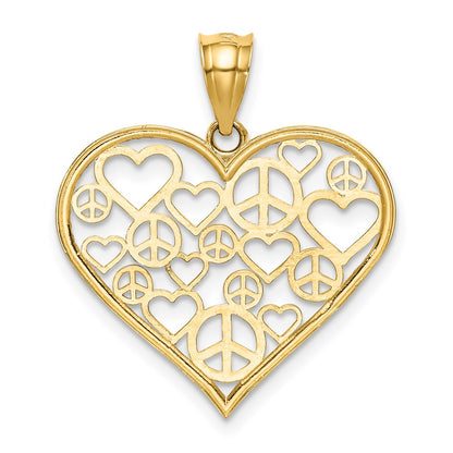 14K Yellow Gold Polished Hearts And Peace Signs In Heart Pendant