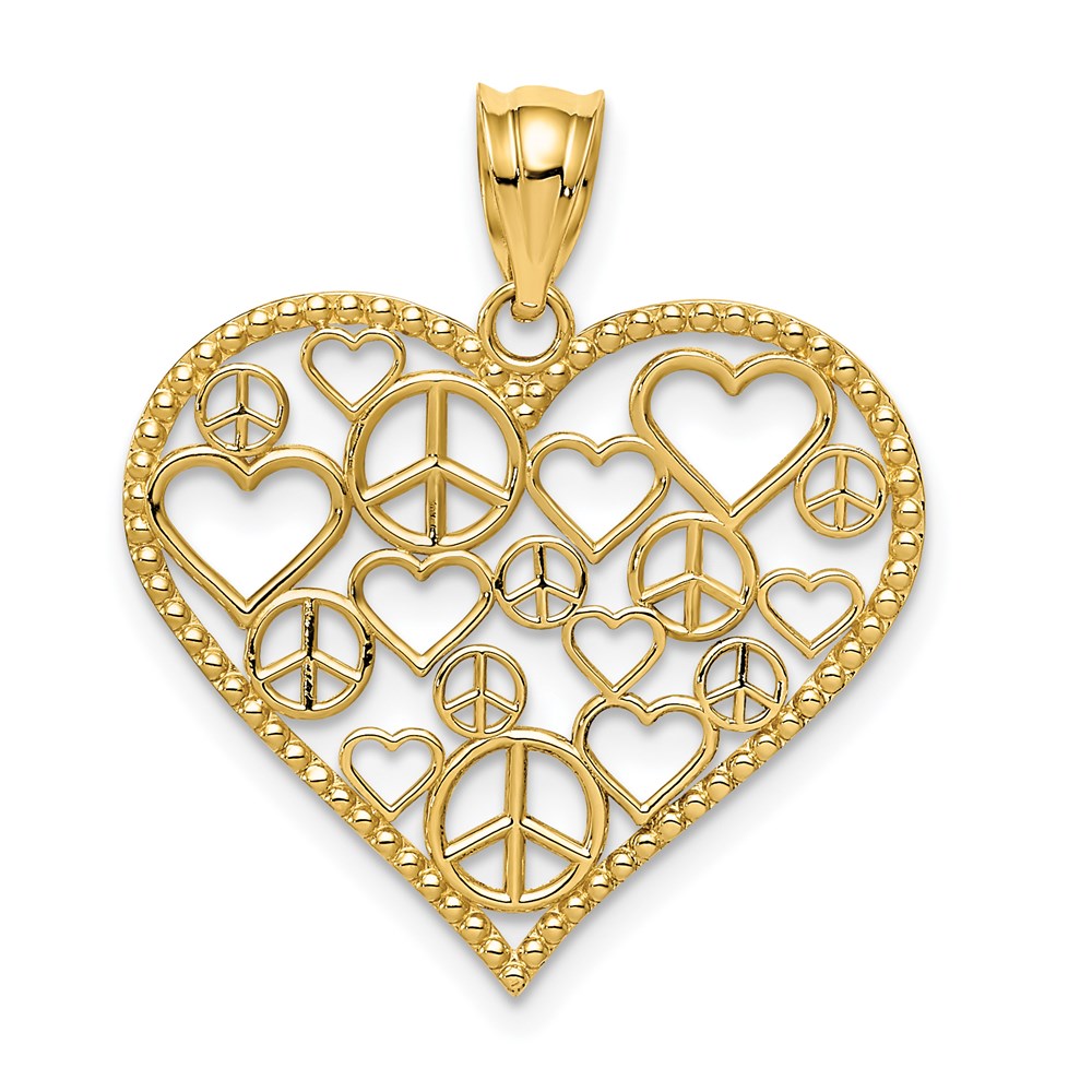 14K Yellow Gold Polished Hearts And Peace Signs In Heart Pendant