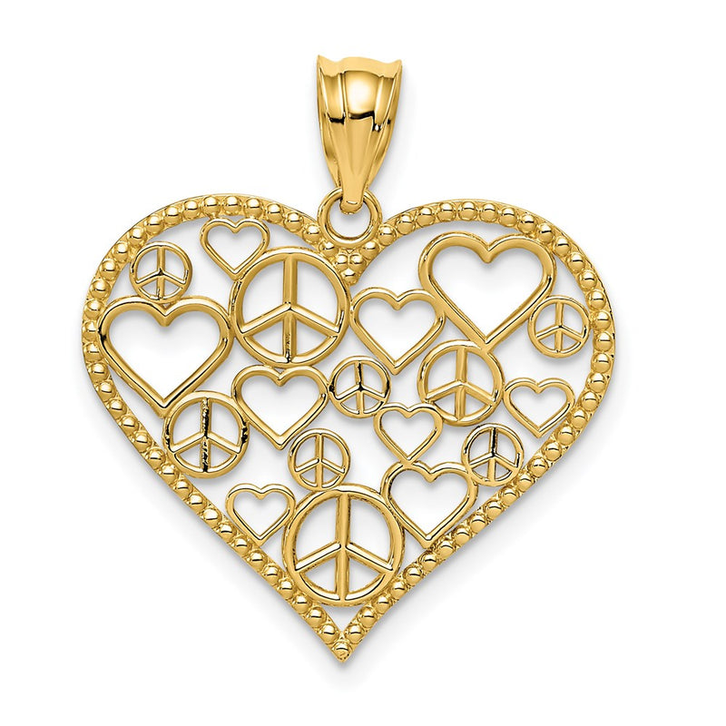 14K Yellow Gold Polished Hearts And Peace Signs In Heart Pendant