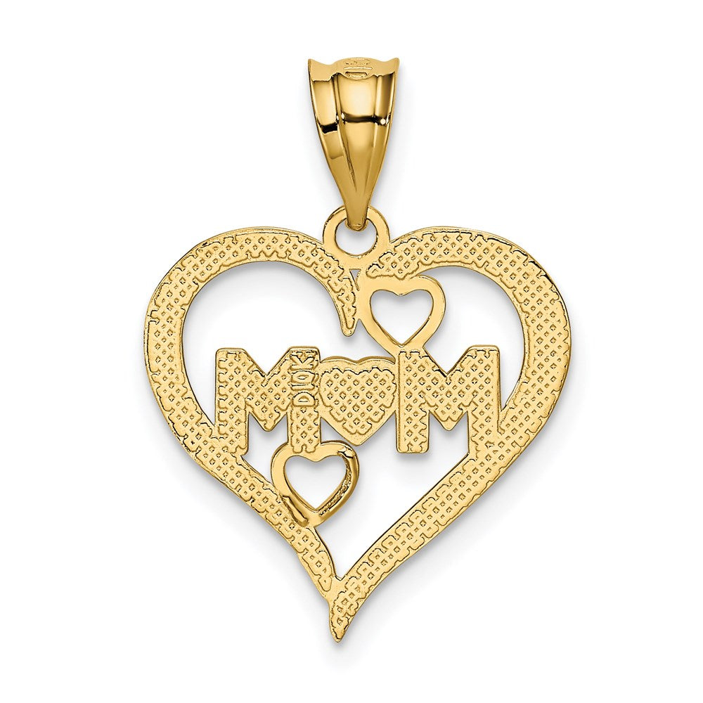 14K Yellow & Rhodium And White Diamond-Cut Mom Heart Pendant