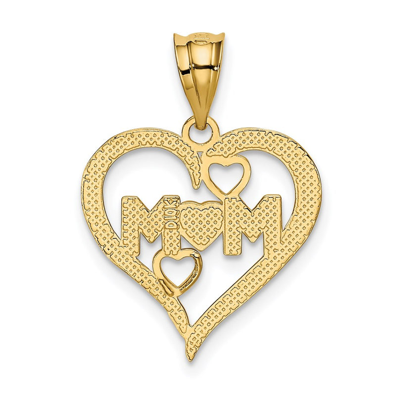 14K Yellow & Rhodium And White Diamond-Cut Mom Heart Pendant