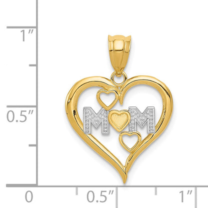 14K Yellow & Rhodium And White Diamond-Cut Mom Heart Pendant