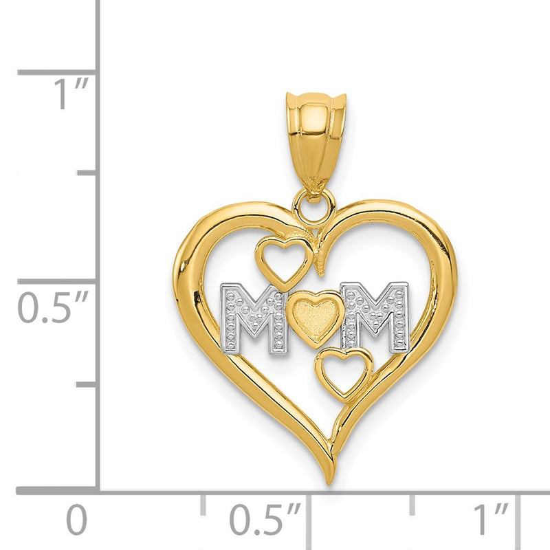 14K Yellow & Rhodium And White Diamond-Cut Mom Heart Pendant