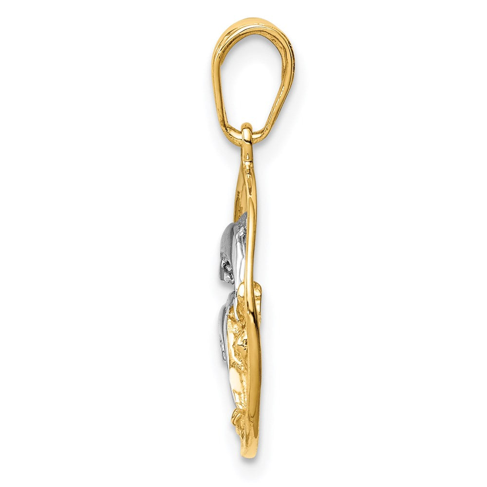 14K Yellow & Rhodium And Double Dolphins In Circle Pendant