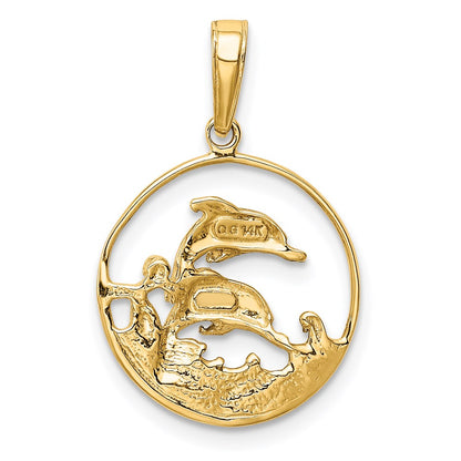14K Yellow & Rhodium And Double Dolphins In Circle Pendant