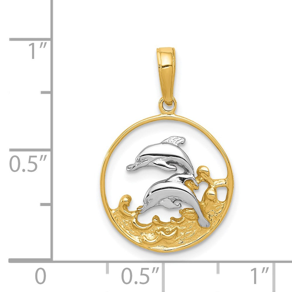 14K Yellow & Rhodium And Double Dolphins In Circle Pendant
