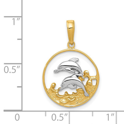 14K Yellow & Rhodium And Double Dolphins In Circle Pendant
