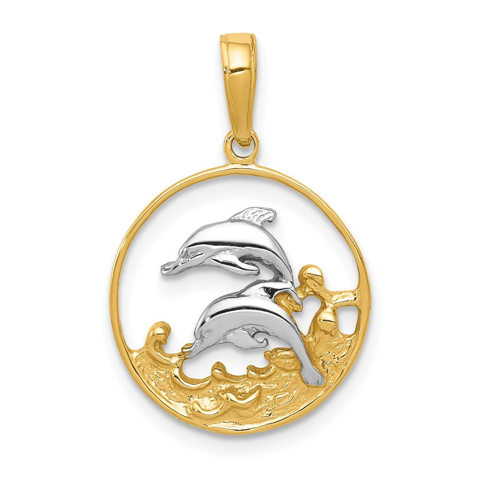 14K Yellow & Rhodium And Double Dolphins In Circle Pendant