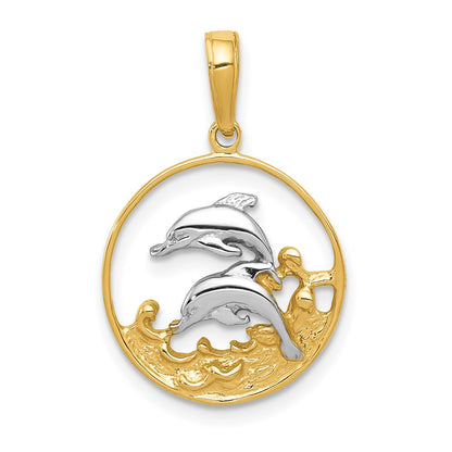 14K Yellow & Rhodium And Double Dolphins In Circle Pendant