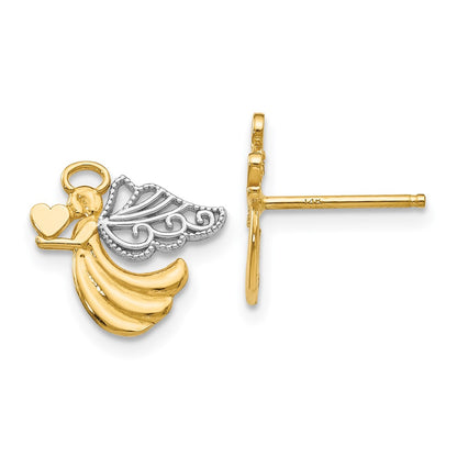 14K Yellow & Rhodium W/Rhodium Angel With Heart Post Earrings