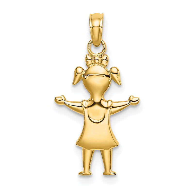 14K Yellow Gold Solid Polished Girl With Pig-Tails Charm