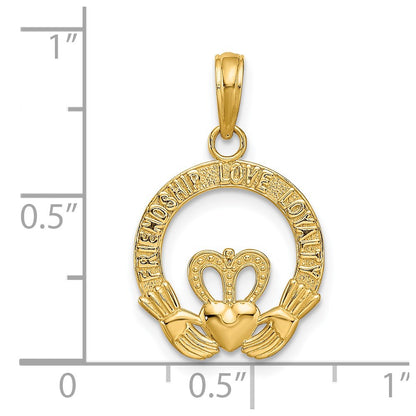 14K Yellow Gold Satin Diamond-Cut Flat-Backed Claddagh Pendant