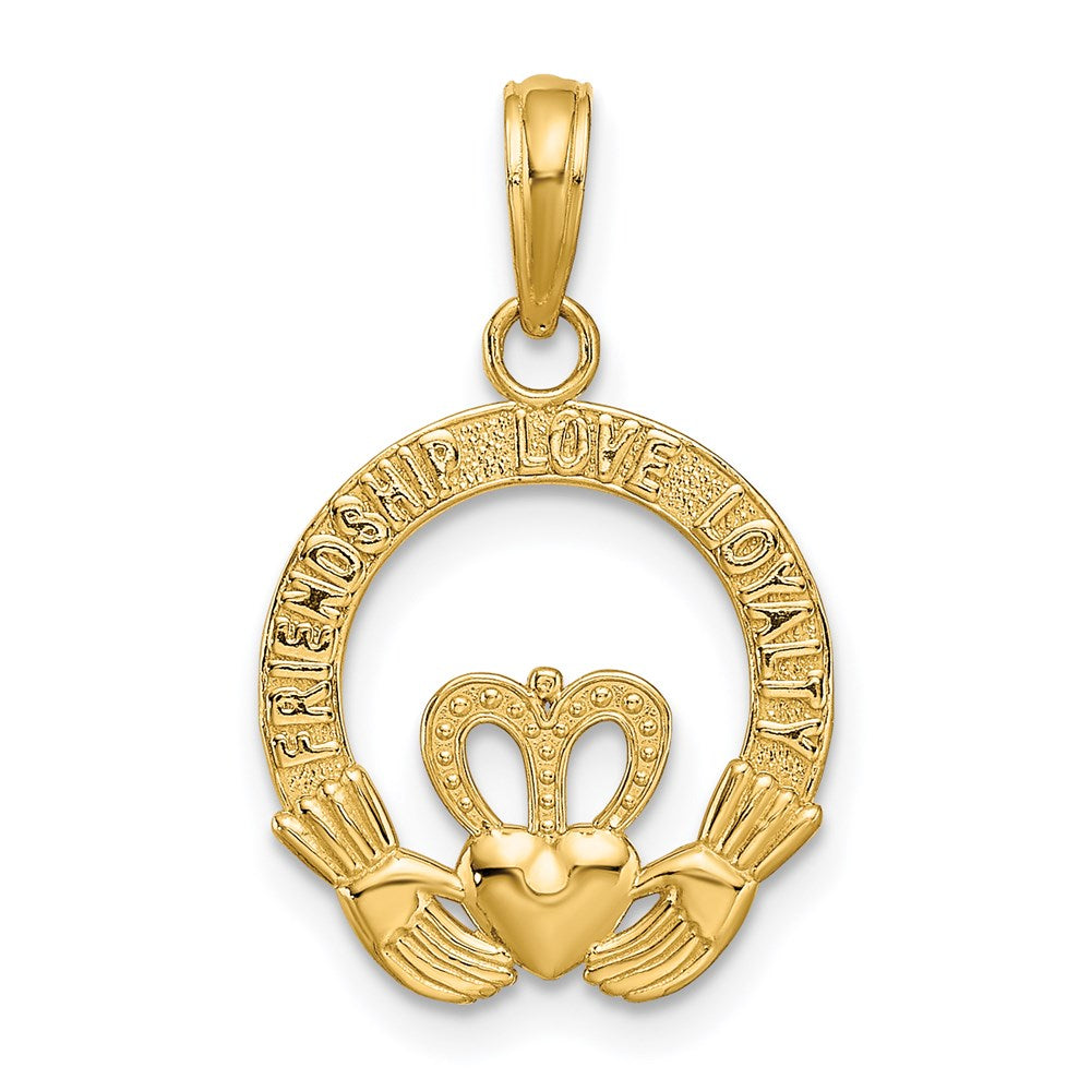 14K Yellow Gold Satin Diamond-Cut Flat-Backed Claddagh Pendant
