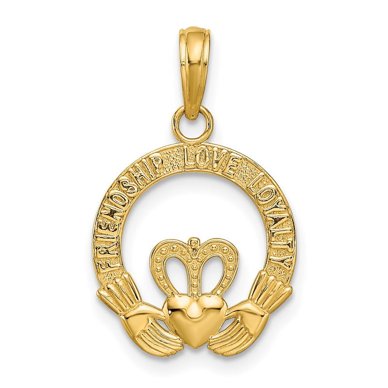 14K Yellow Gold Satin Diamond-Cut Flat-Backed Claddagh Pendant