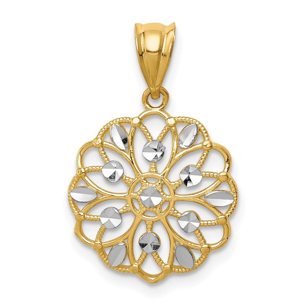 14K Yellow & Rhodium W/Rhodium Diamond-Cut Round Pendant