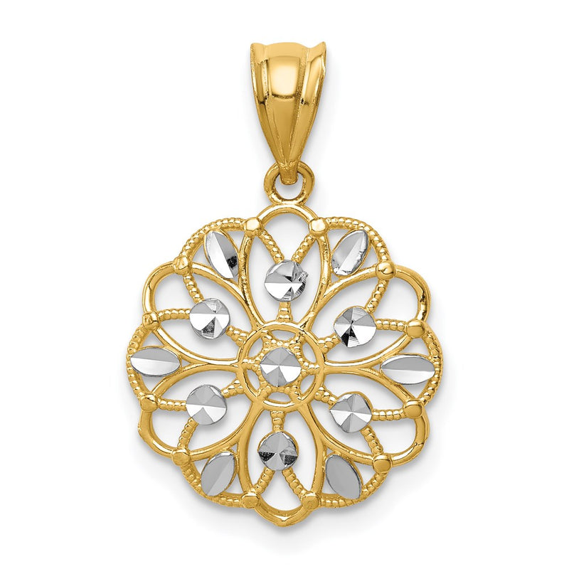 14K Yellow & Rhodium W/Rhodium Diamond-Cut Round Pendant