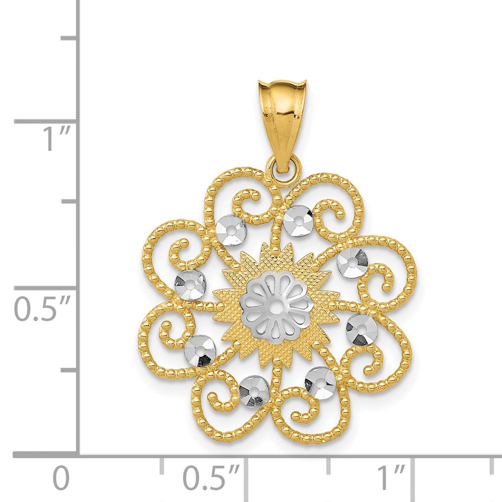 14K Yellow & Rhodium And Diamond-Cut Swirl Round Pendant