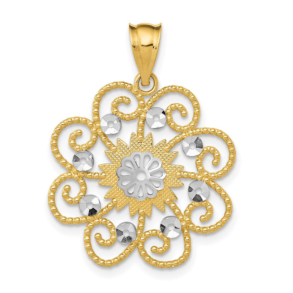 14K Yellow & Rhodium And Diamond-Cut Swirl Round Pendant
