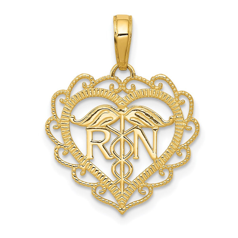 14K Yellow Gold Rn Registered Nurse Heart Pendant