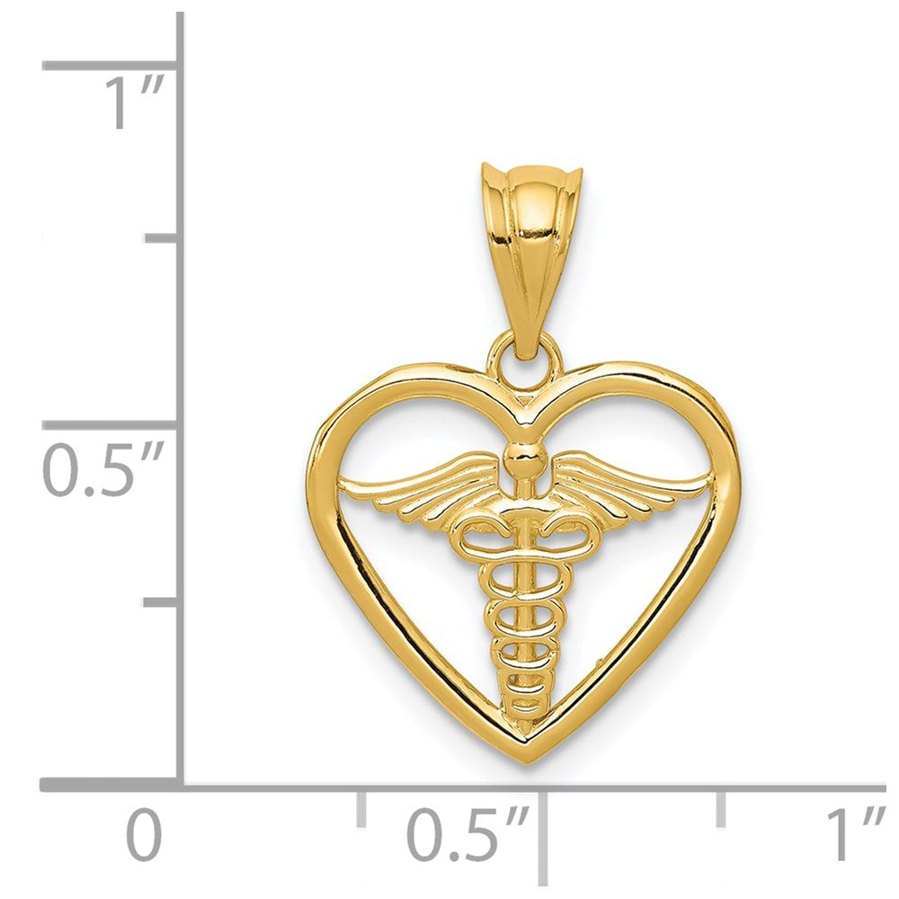 14K Yellow Gold Caduceus Heart Medical Pendant