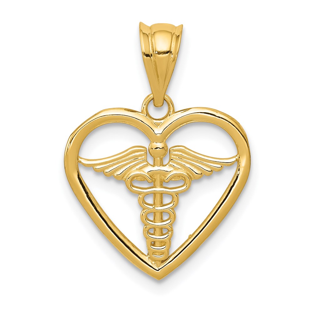 14K Yellow Gold Caduceus Heart Medical Pendant