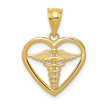 14K Yellow Gold Caduceus Heart Medical Pendant