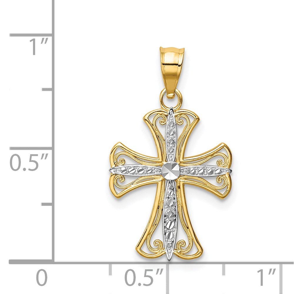 14K Yellow & Rhodium W/Rhodium Diamond-Cut Cross Pendant