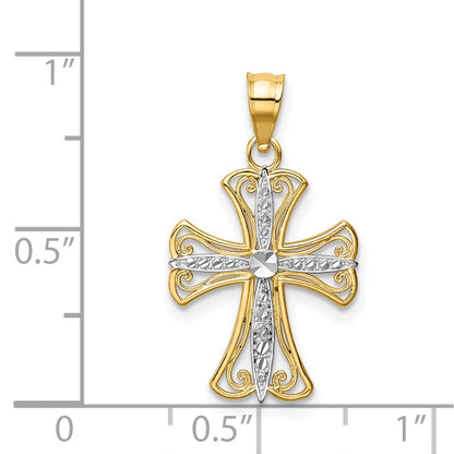 14K Yellow & Rhodium W/Rhodium Diamond-Cut Cross Pendant