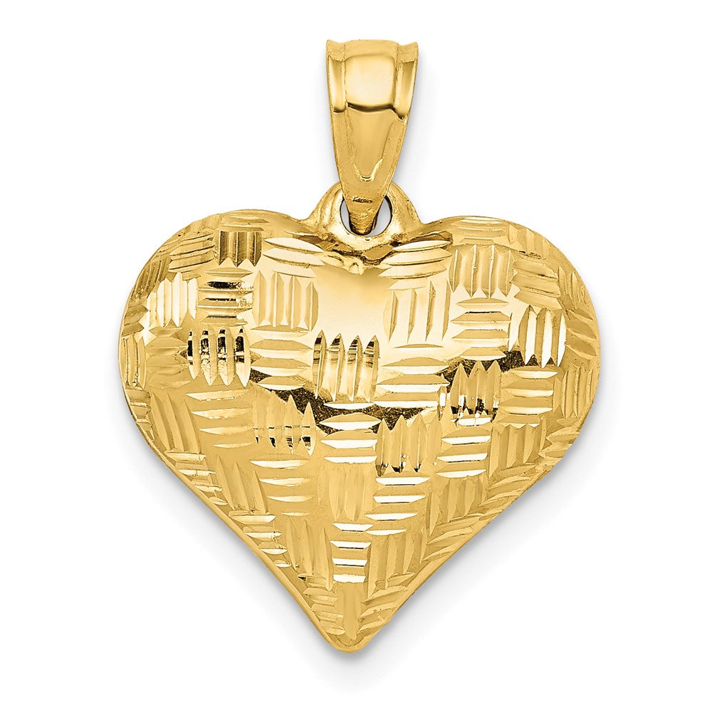 14K Yellow Gold Polished Basket Weave Pattern 3-D Heart Pendant