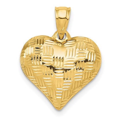 14K Yellow Gold Polished Basket Weave Pattern 3-D Heart Pendant